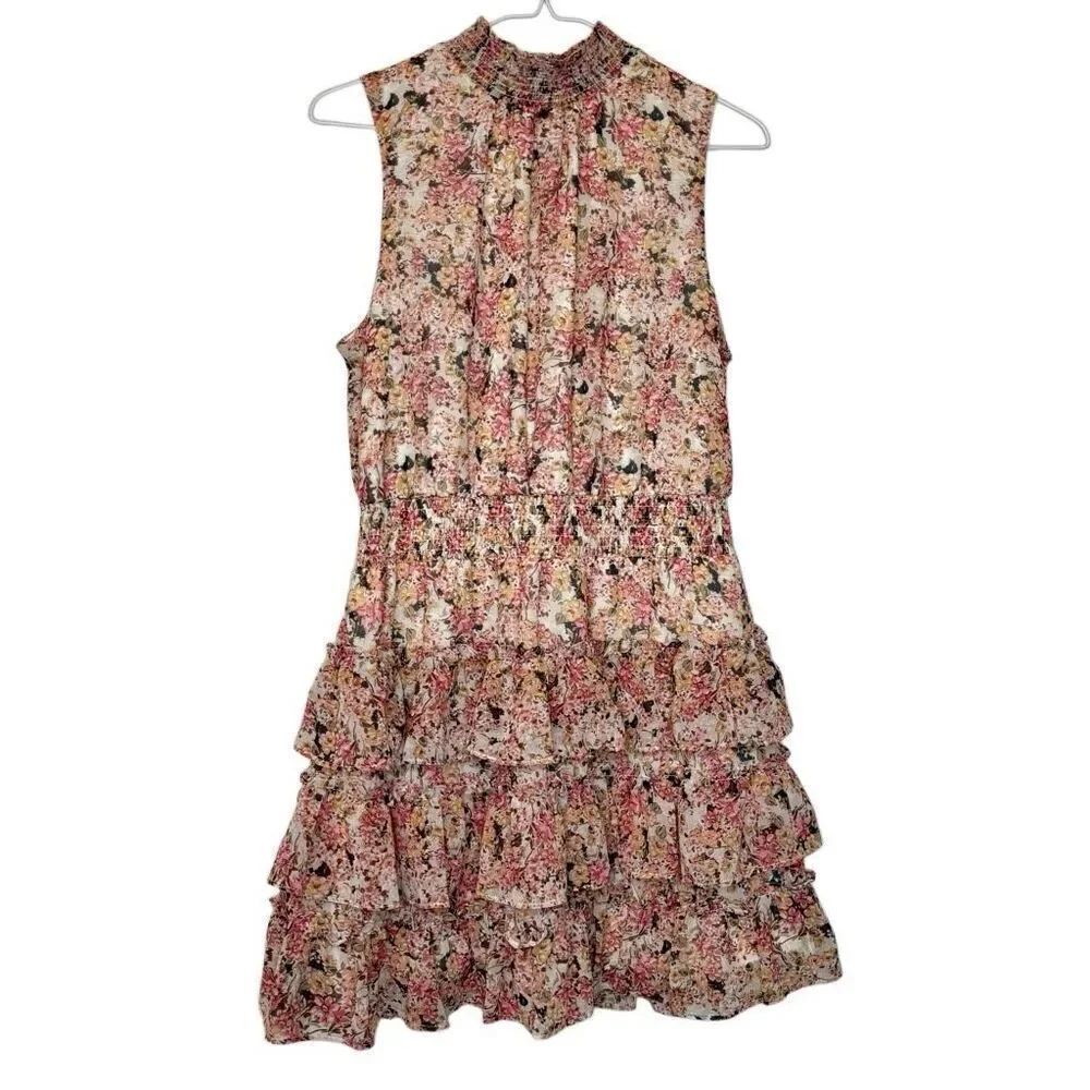 1.State Floral Smocked Mock Neck Sleeveless Tiered Mini Dress Multicolor Large